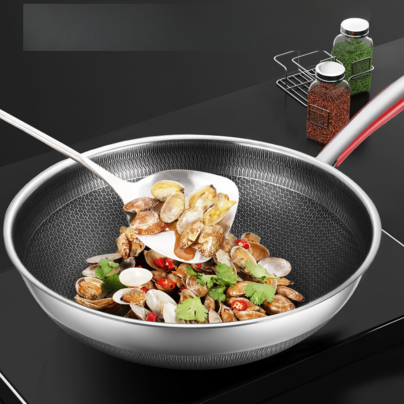 Stainless Steel Wok with Glass Lid Non-Stick Honeycomb Design Induction Gas Compatible