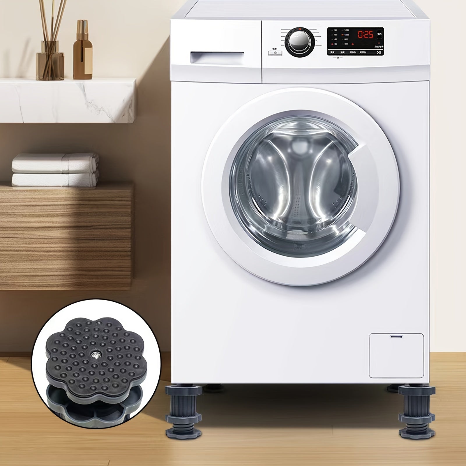 To'rt dona Duragrip Moslashuvchan Balansli Anti-Vibratsiya Kir yuvish mashinasi Poyafzal Padlari to'plami, 200Kg yuk ko'tarish qobiliyati bilan. Slip-Stop Qaytish Ko'taruvchi Mat va Universal Mebel Turg'ichi Dampersni o'z ichiga oladi.