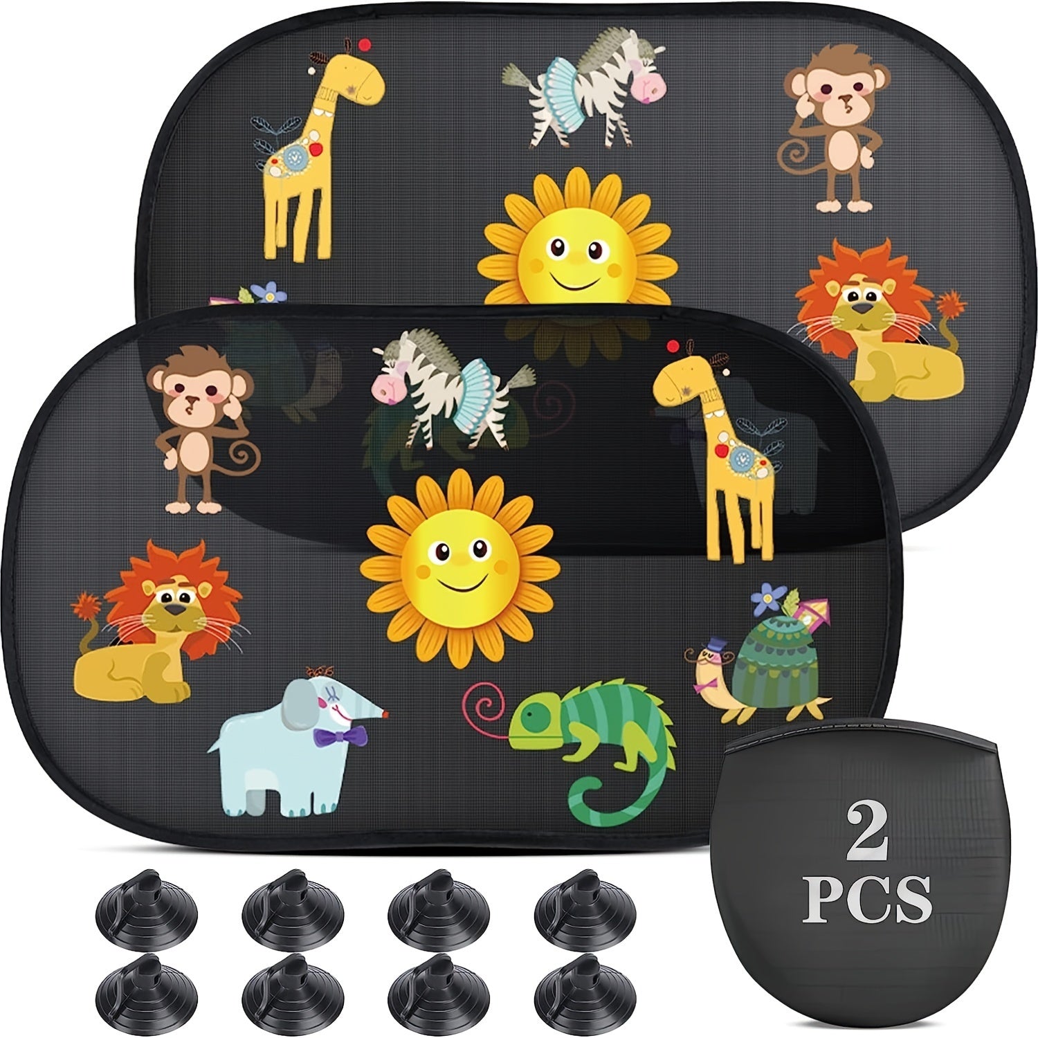 2-Pack Cartoon Animal Car Sun Shades UV Protection Black PVC 50.8x30.48 cm