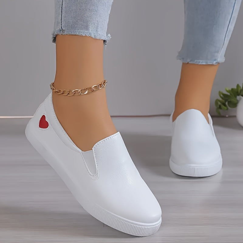 Women's White Slip-On Sneakers with Red Heart, Lightweight, All-Season