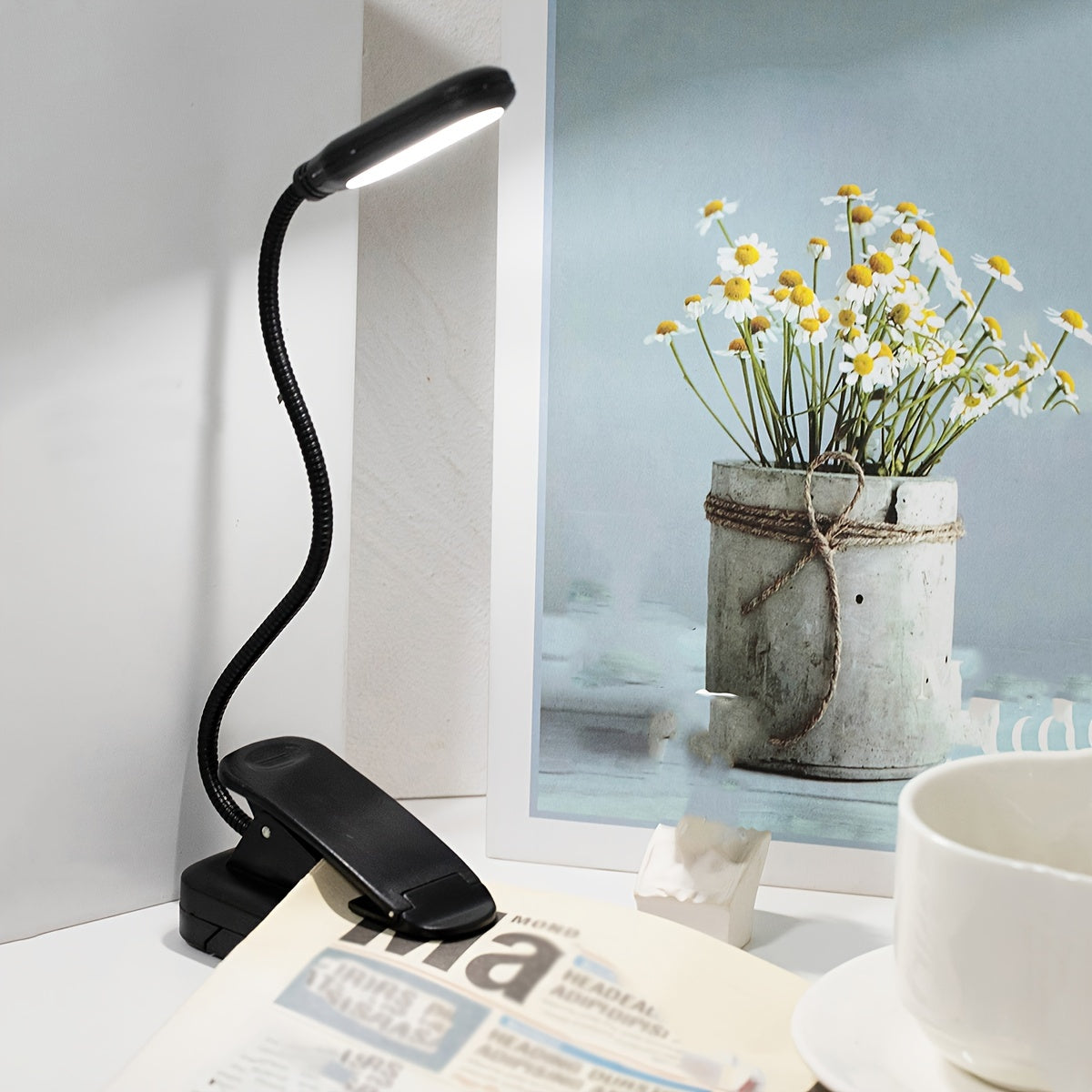 White LED Book Light with Adjustable Arm and Clip for Reading at Night