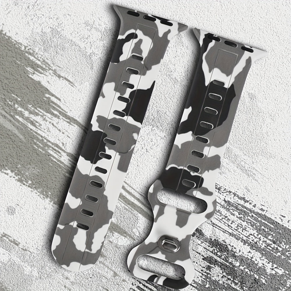 Ko'p rangli kamuflyaj silikondan yasalgan sport tasmasi IWatch Series 9-1 SE uchun, suv o'tkazmaydigan, terga chidamli, qulay, mustahkam, metall sozlash teshigi bilan, kapalak dumiga o'xshash dizayn.