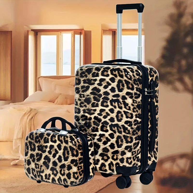 Leopard Print Luggage Set 2-Piece Hard Shell Carry-On and Cosmetic Case Black Durable ABS PC Spinner Locks