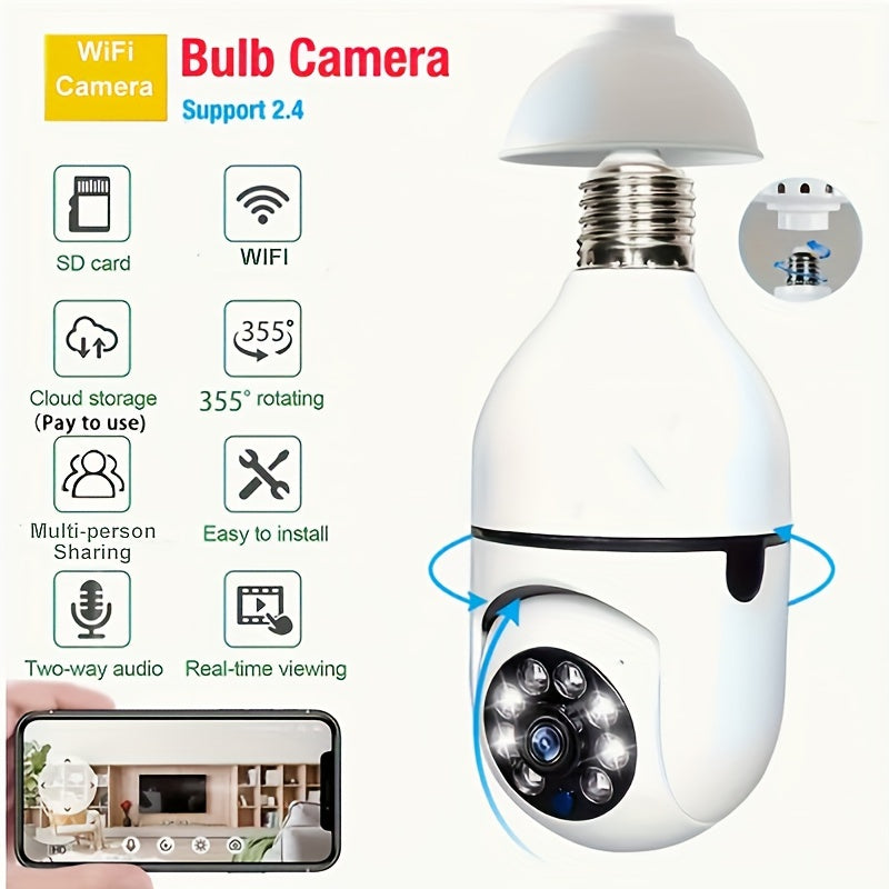 WiFi Light Bulb Security Camera 360° Pan/Tilt Two-Way Audio Cloud SD Storage White