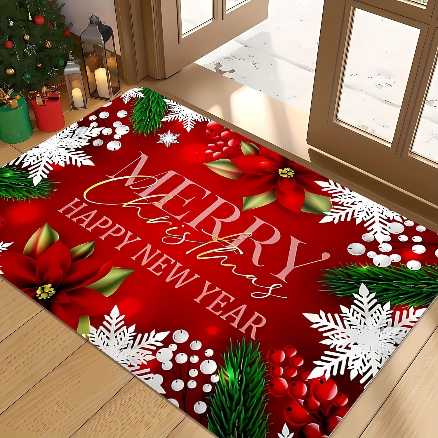 Christmas Red Door Mat Large Non-Slip Indoor Outdoor Entrance Rug Absorbent Flannel