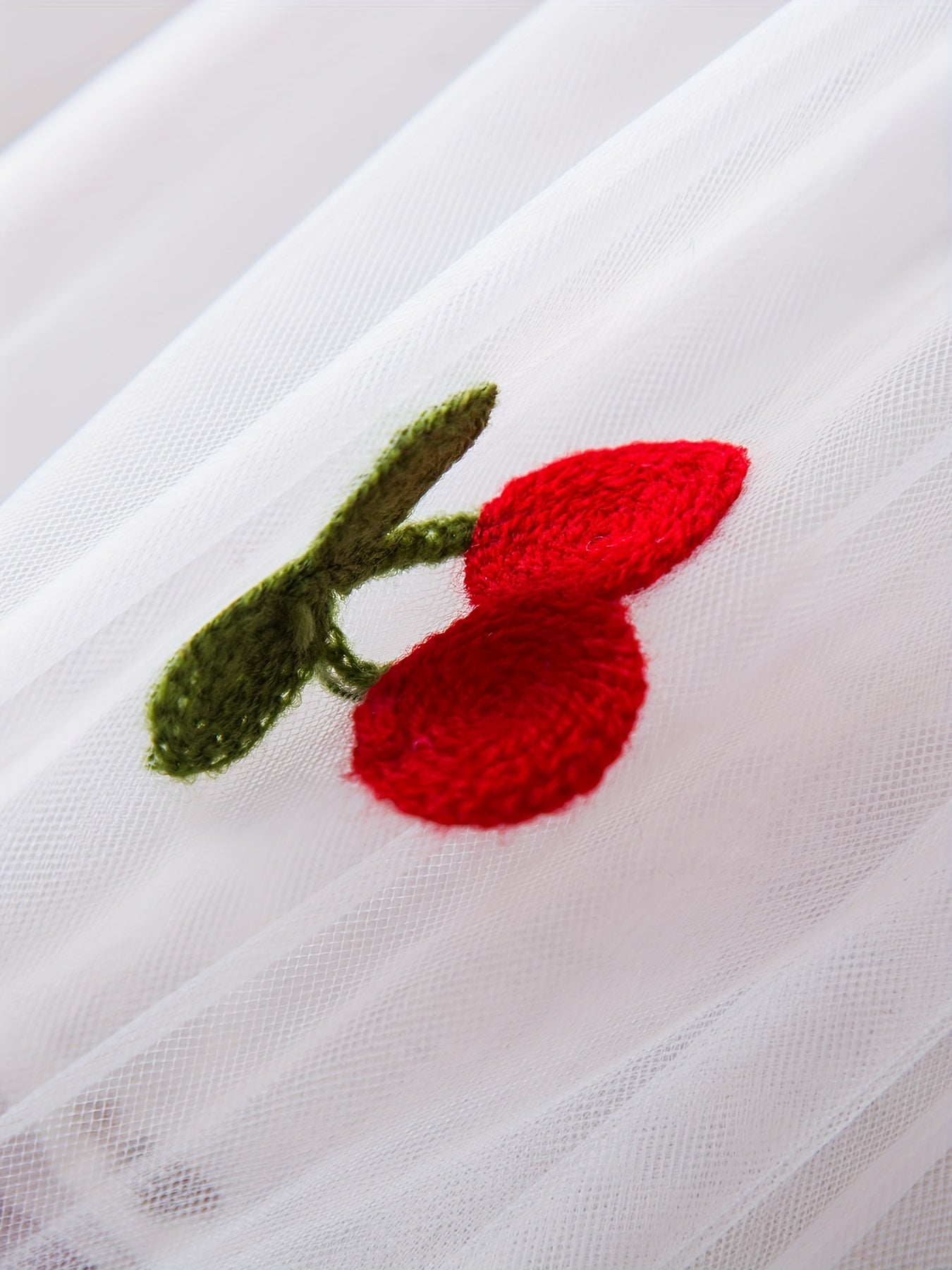 Girls Summer Dress Pink Cherry Embroidered Tulle Ruffled Sleeve Casual Lightweight Polyester