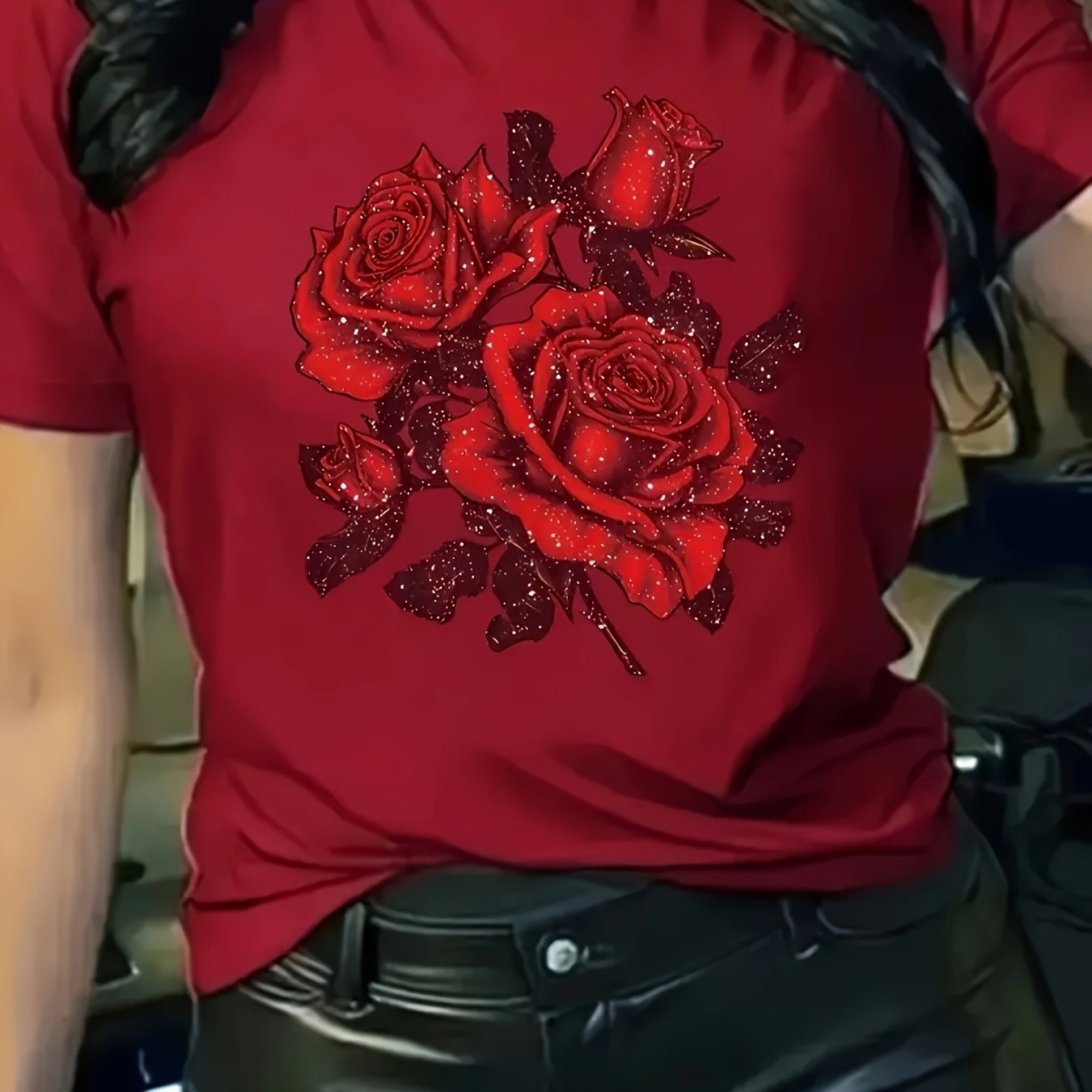 Women’s Red Floral Rose Print T-Shirt Casual Short Sleeve Polyester Spandex Top