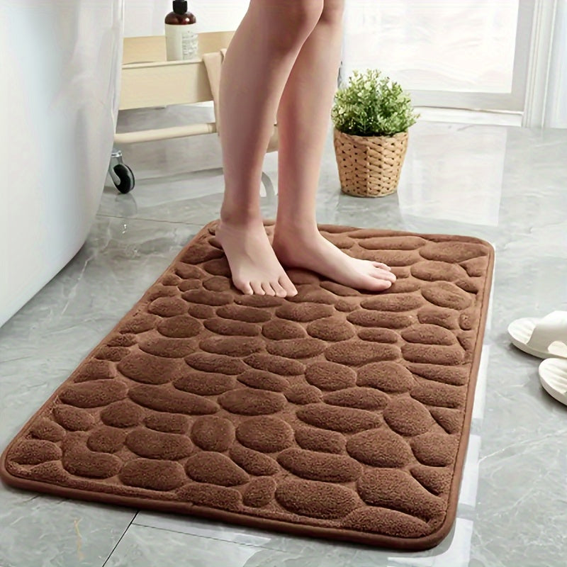 Coral Fleece Bath Mat with Geometric Pebble Design Low Pile Machine Washable Non-Slip Polyester Rug