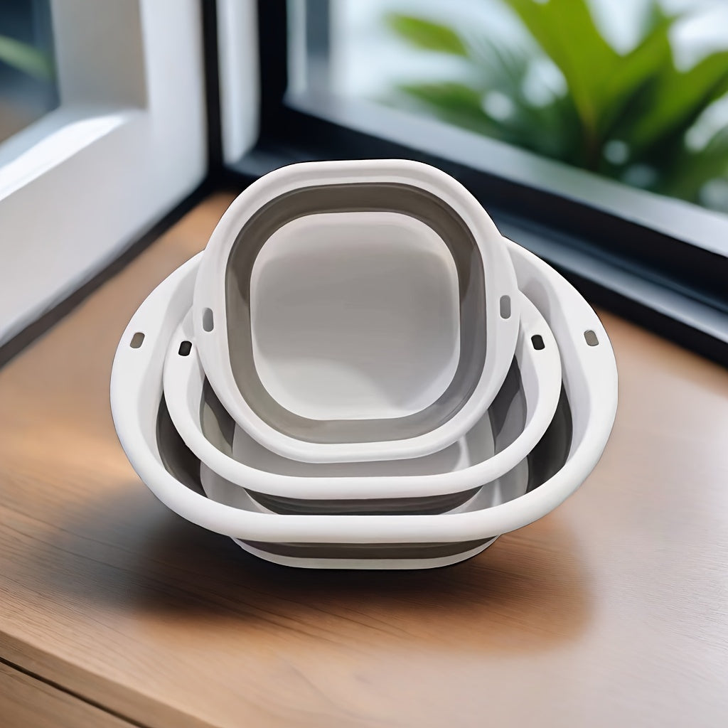 3 to'plam ko'p funksiyali portativ plastik egiluvchan yuvish idishlari, sabzavot idishlari, talaba yotoqxonalari uchun oyoq vannalari yoki oyoq idishlari sifatida foydalanish uchun mos. Zamonaviy kvadrat dizayni mavjud.