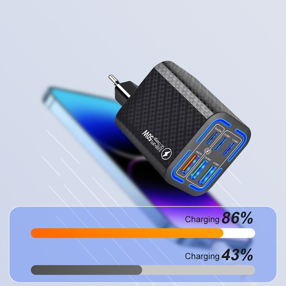 50W 6-Port USB C Charger Fast Charging Multi-Device Power Adapter for iPhone and Samsung