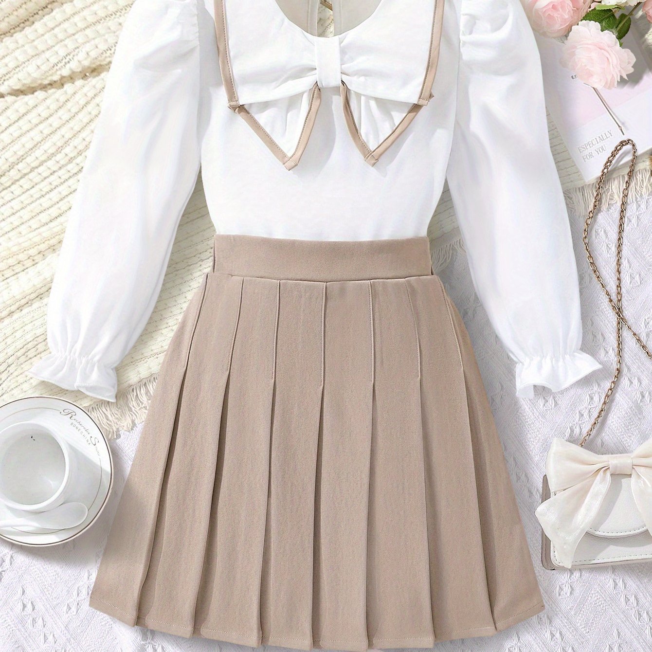 Девочкиная длинная рубашка с длинным рукавом и плиссированная юбка в комплекте для прогулок на свежем воздухе, весна и осень