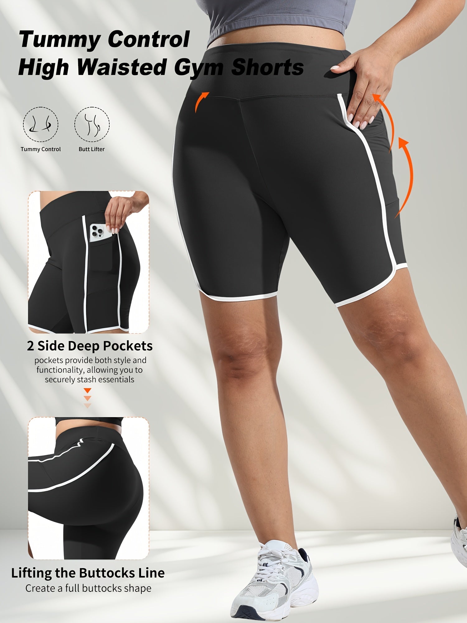 Plus Size High-Waisted Gym Shorts with Tummy Control Side Pockets White