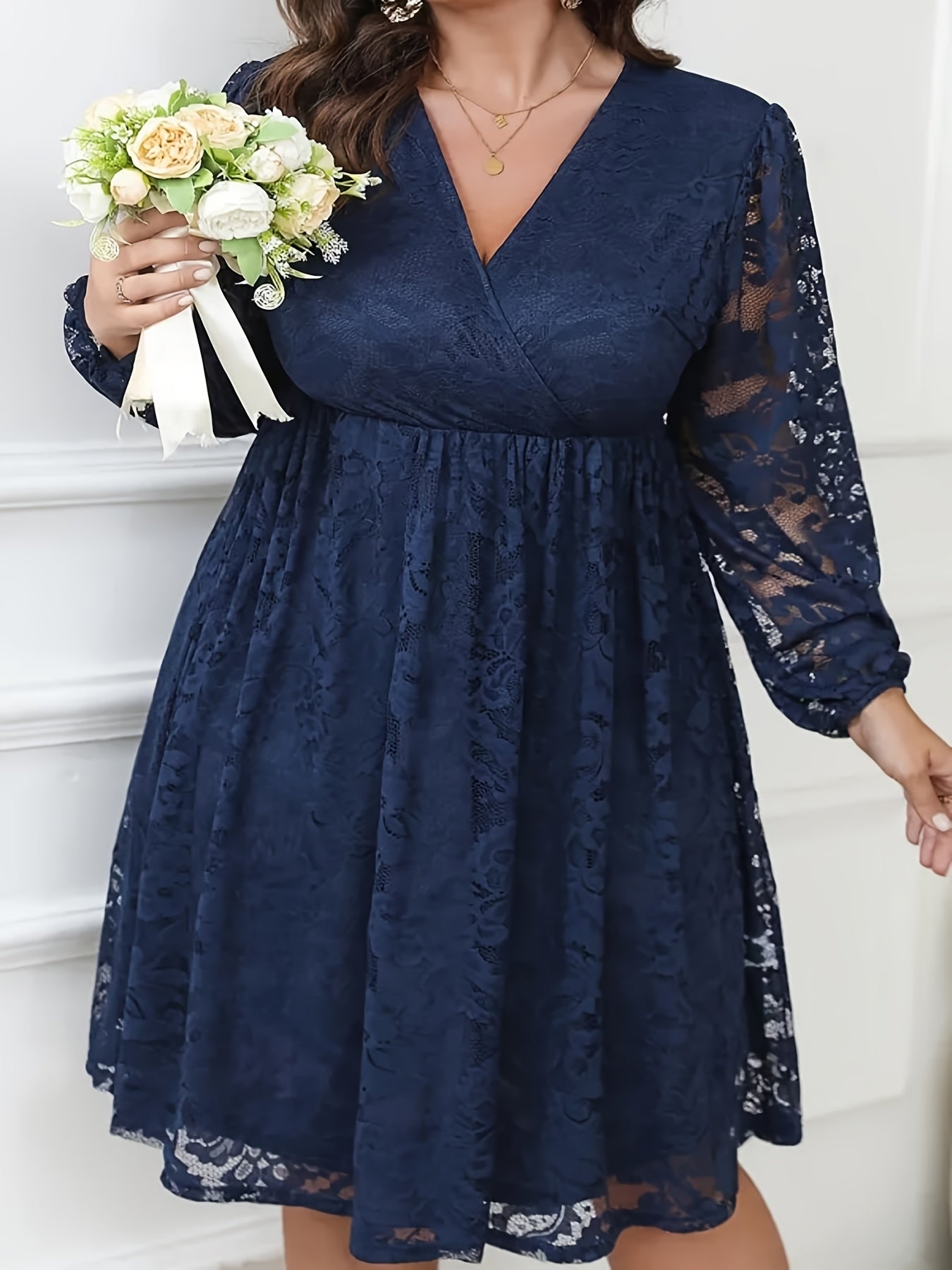 Plus Size Women's V-Neck Lace A-Line Dress Navy Blue Midi Fit and Flare