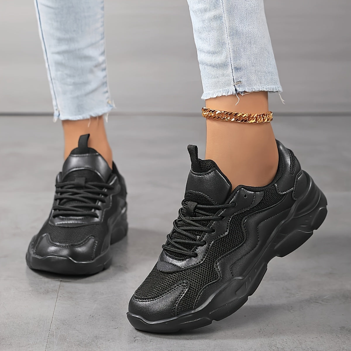 Women's Lace-Up Sneakers Black Low-Top Casual Formal Shoes