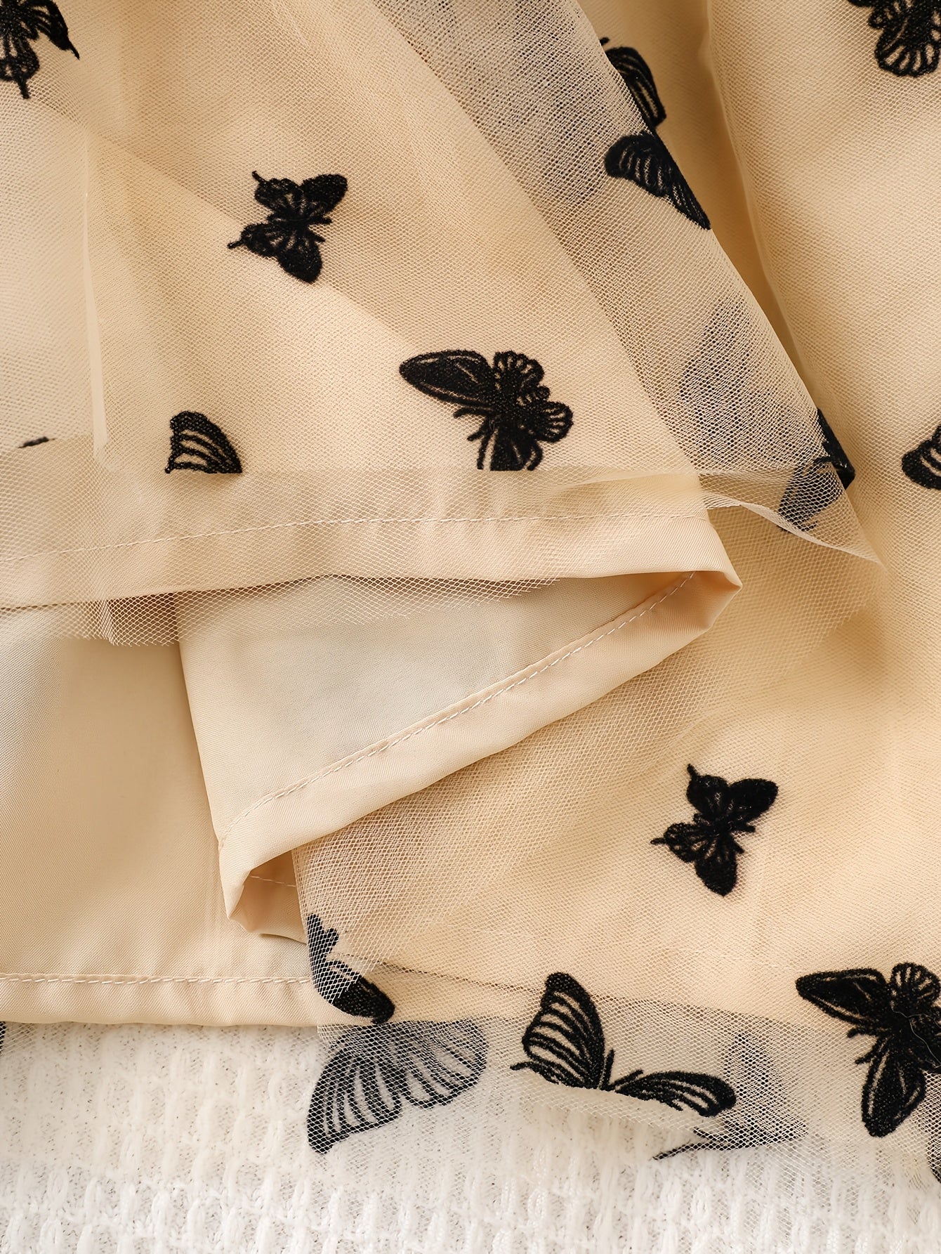 Girls' Casual Polyester Dress with Butterfly Tulle Overlay Ruffle Sleeves Crew Neck for Spring Summer Fall