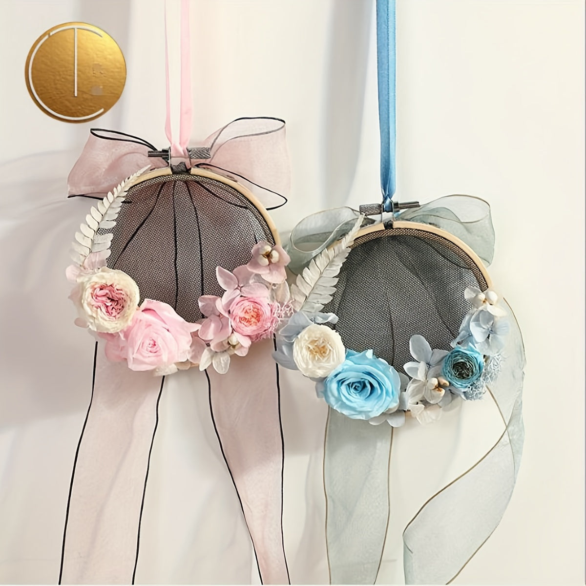 Set of 5 Light Yellow Bamboo Embroidery Wreaths for Wedding Decoration and DIY Crafts