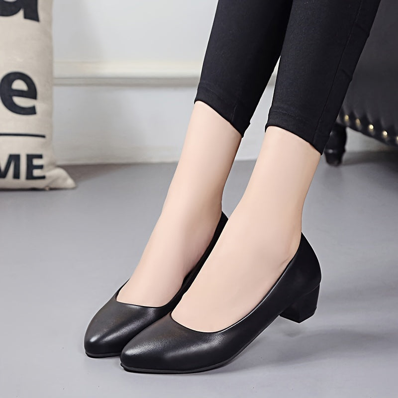 Women's Black Pointed Toe Pumps with Mid Block Heel for Office and Daily Wear