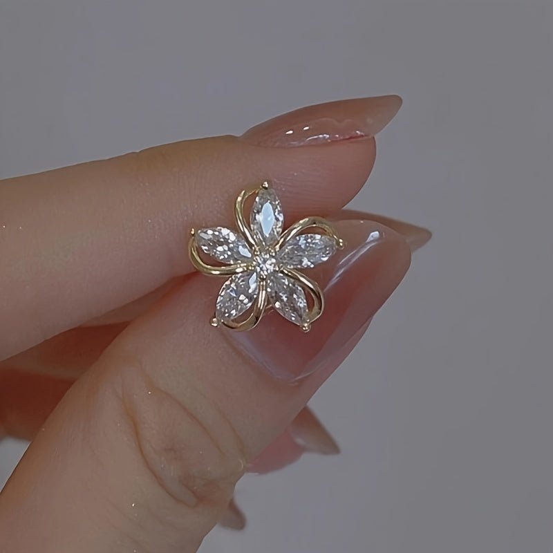 Women Rose Gold Cubic Zirconia Flower Stud Earrings Daily Gift