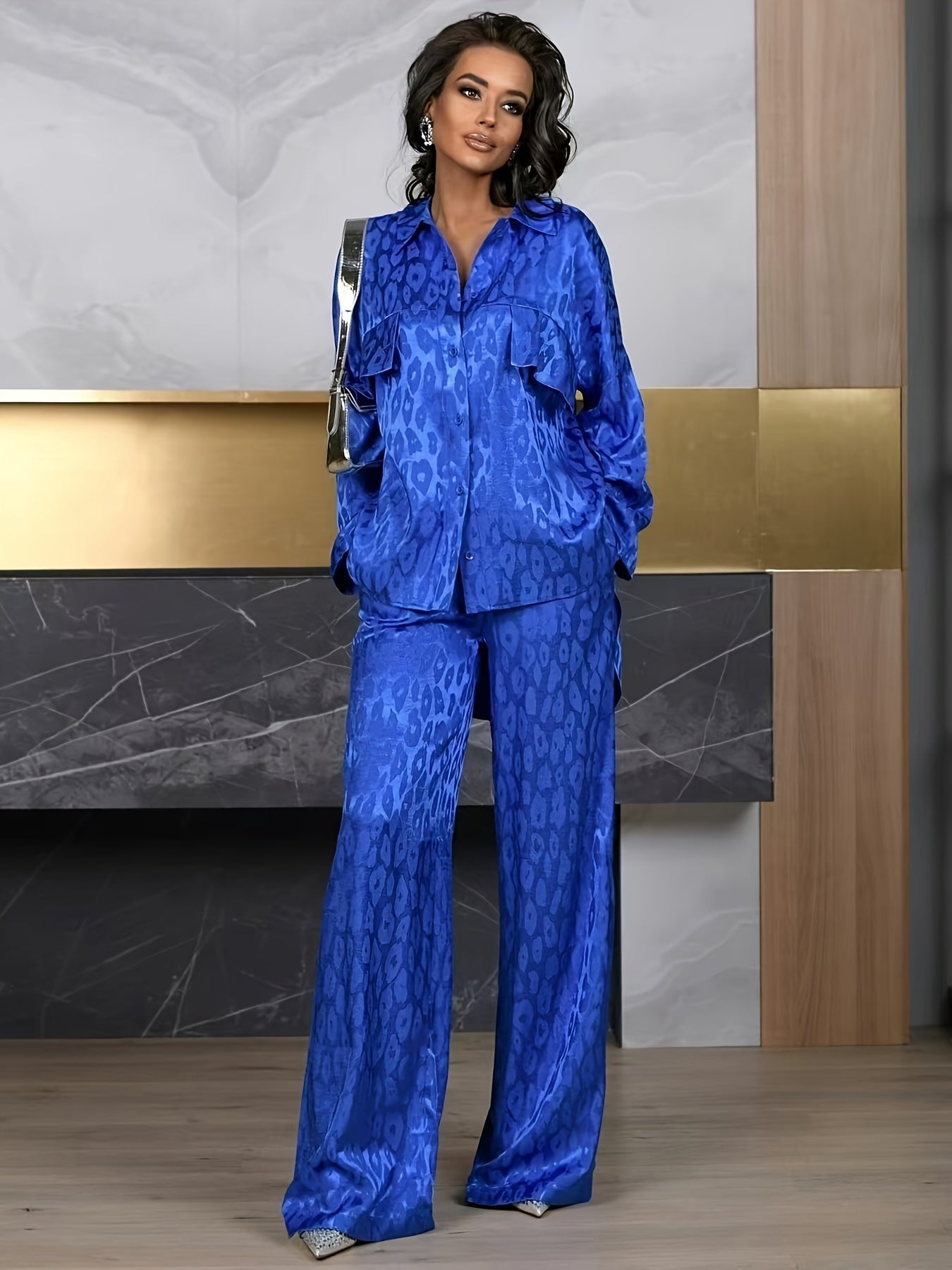 Conjunto de dos piezas con estampado de leopardo, manga larga, casual, tejido de poliéster y spandex