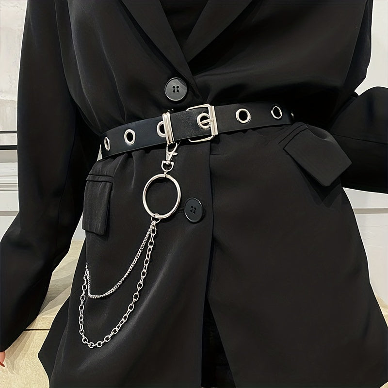 Gothic Women's Dress Girdle with Detachable Chain Tassel Rivet Belt Black PU Punk Style