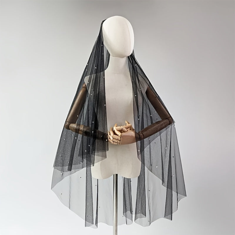 Черное свадебное вуаль с бисером и минималистичным дизайном для свадьбы