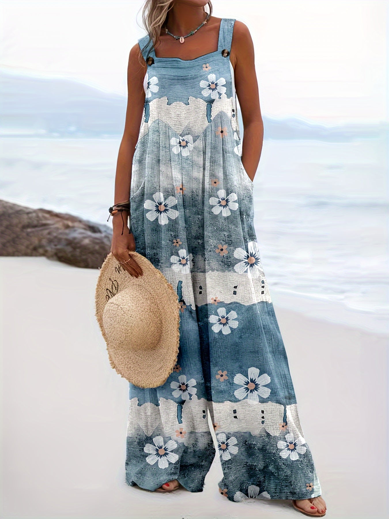 Women Plus Size Floral Print Jumpsuit Casual Button Spring Summer