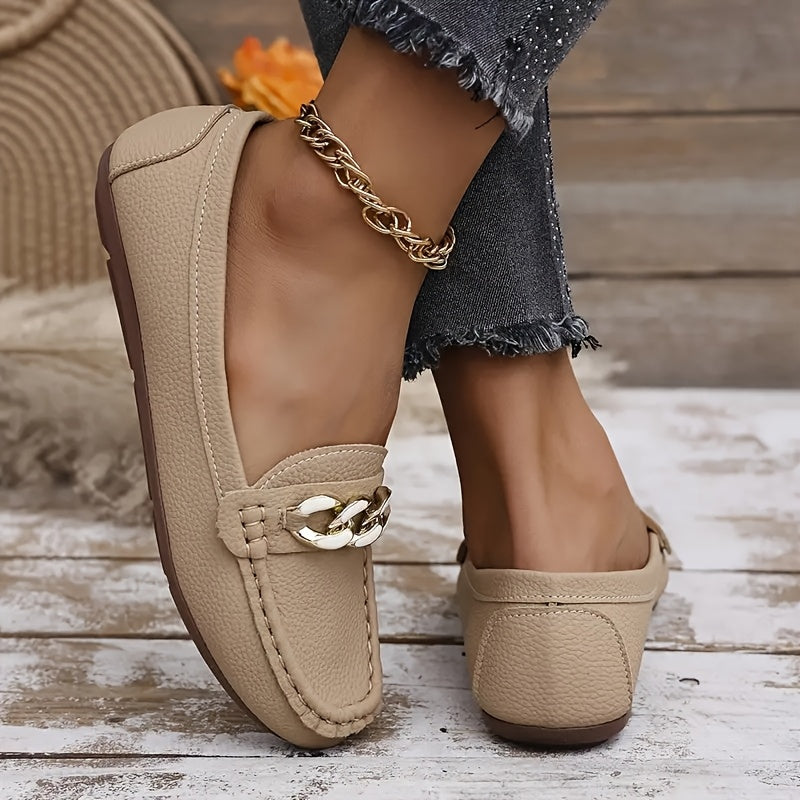 Women's Slip-On Moccasins with Rubber Sole and Decorative Chain