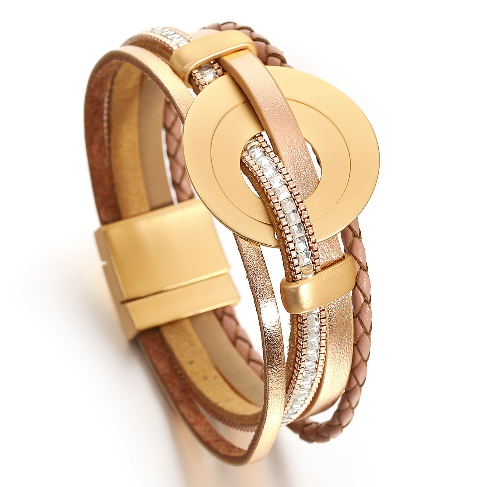 Браслет из искусственной кожи с квадратными кристаллическими бусинами и металлическим круглым кулоном - стильное украшение для рук и подарок для дам, с четырьмя слоями плетеного дизайна.