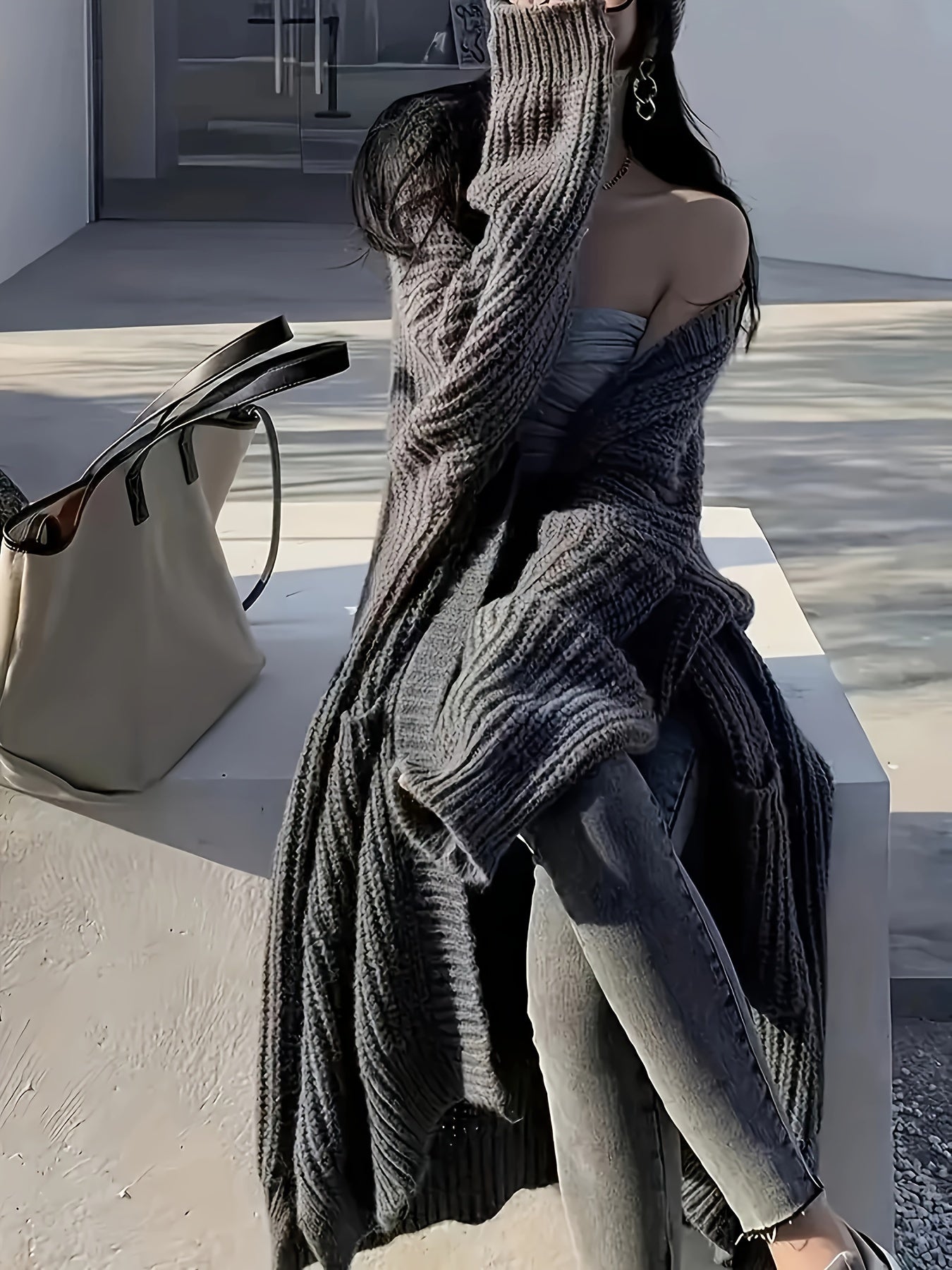 Women's Gray Long Cardigan with Pockets V-Neck Knit Sweater Coat for Fall Winter