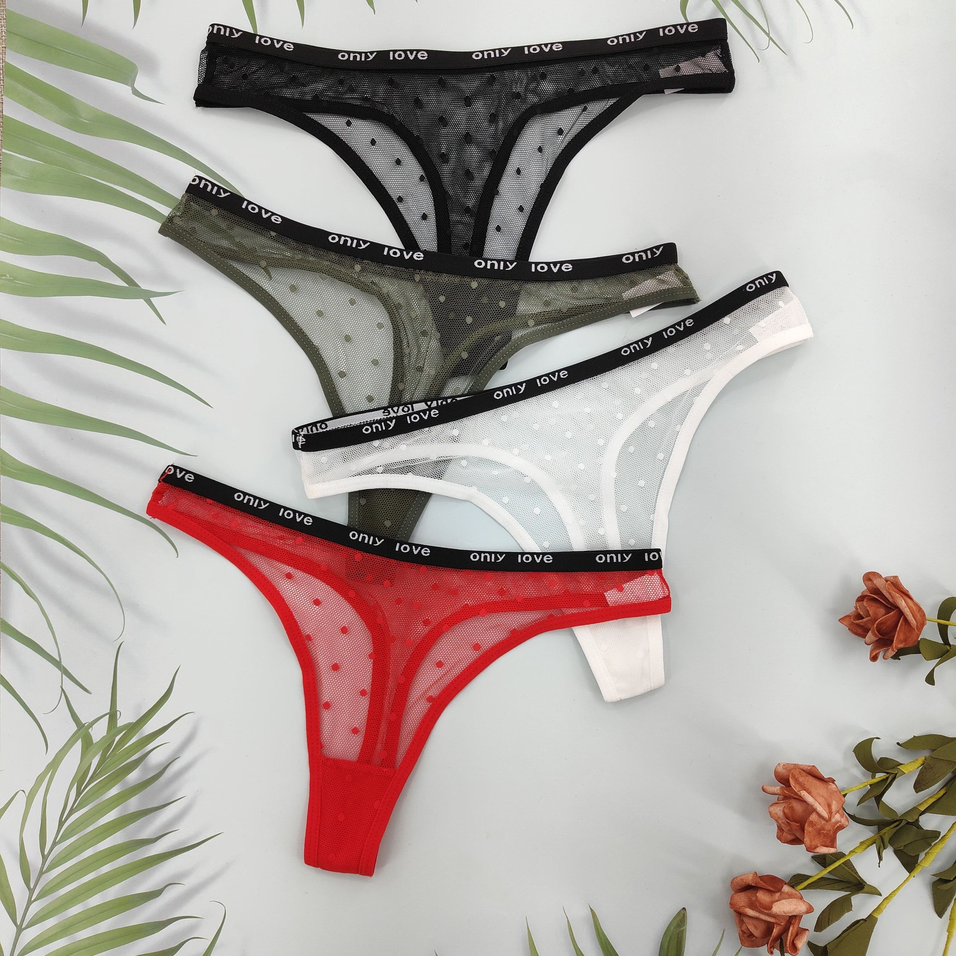 4 ta Sexy Mesh Thong to'plami ayollar uchun, "LOVE" belbog'li shaffof polka nuqtali, Nylon/Elastane aralashmasi, qo'l bilan yuvish, romantik ichki kiyim.