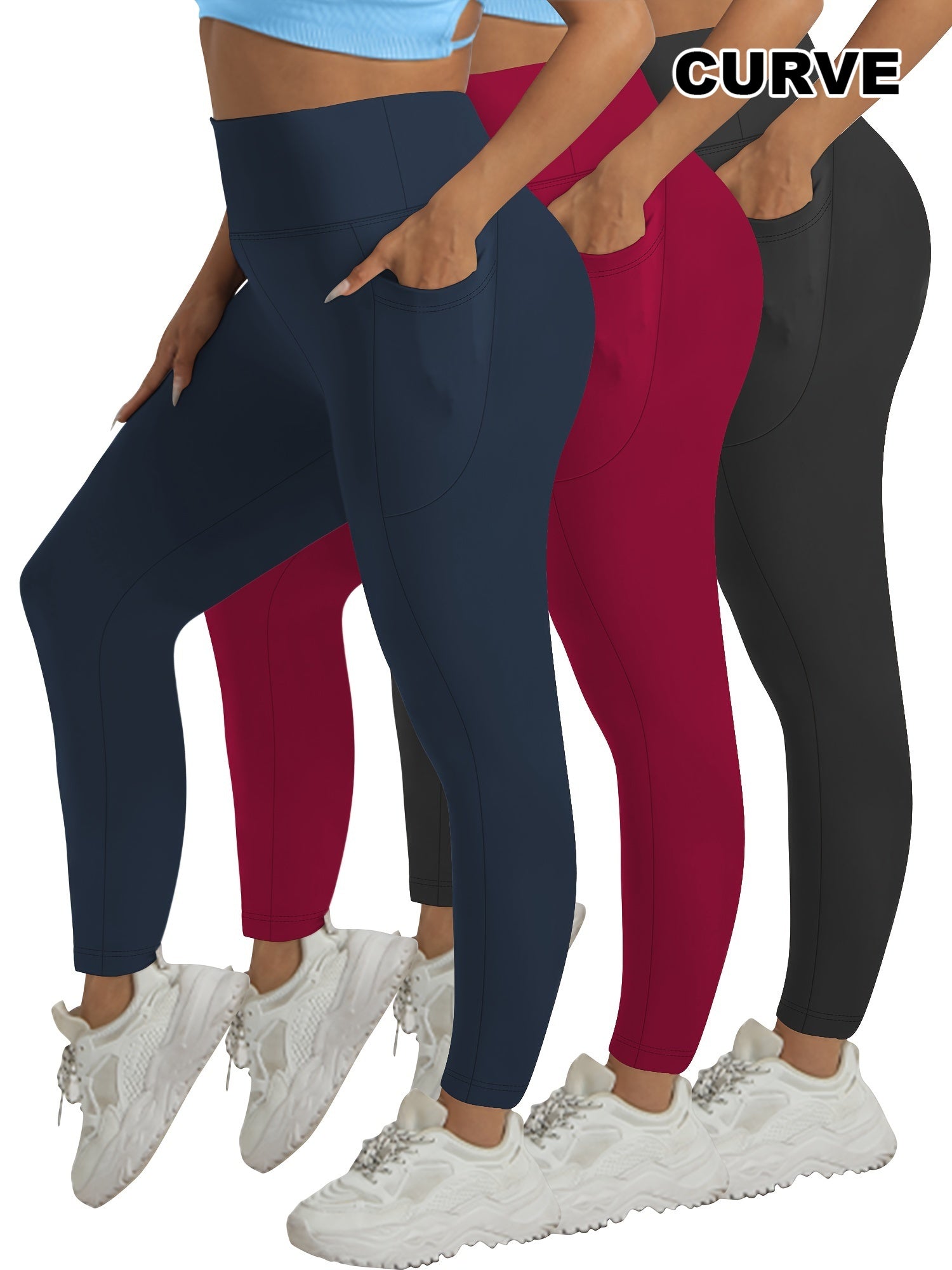 Women's Plus Size Tummy Control Workout Leggings with Pockets High Waist