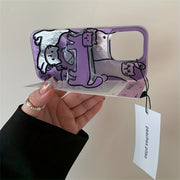 Purple Fish Cat Phone Case for iPhone 11-16 Pro Max with Folding Stand and Perforated Vortex Shell