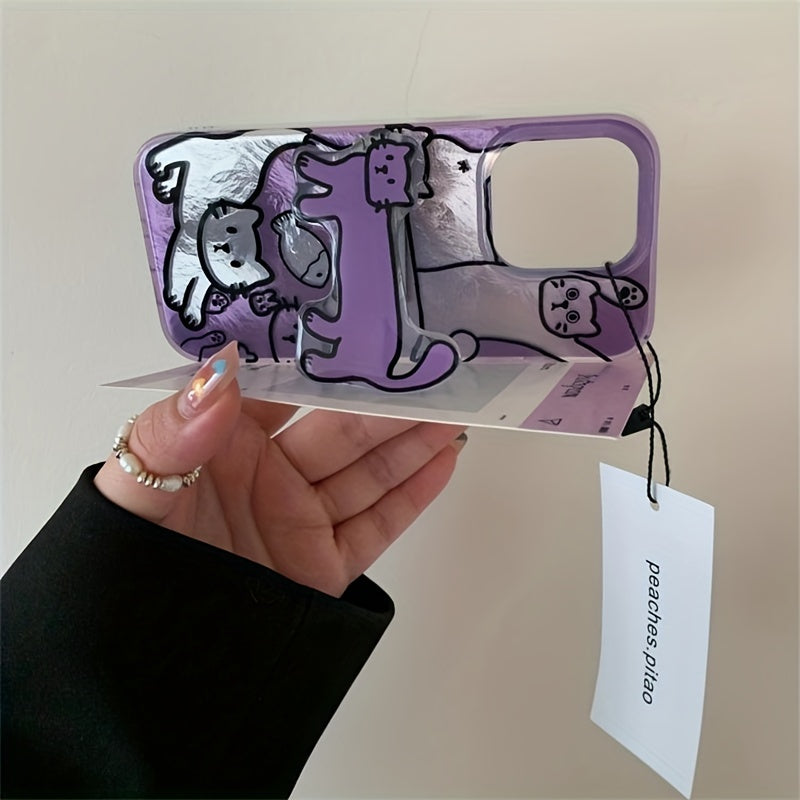 Purple Fish Cat Phone Case for iPhone 11-16 Pro Max with Folding Stand and Perforated Vortex Shell