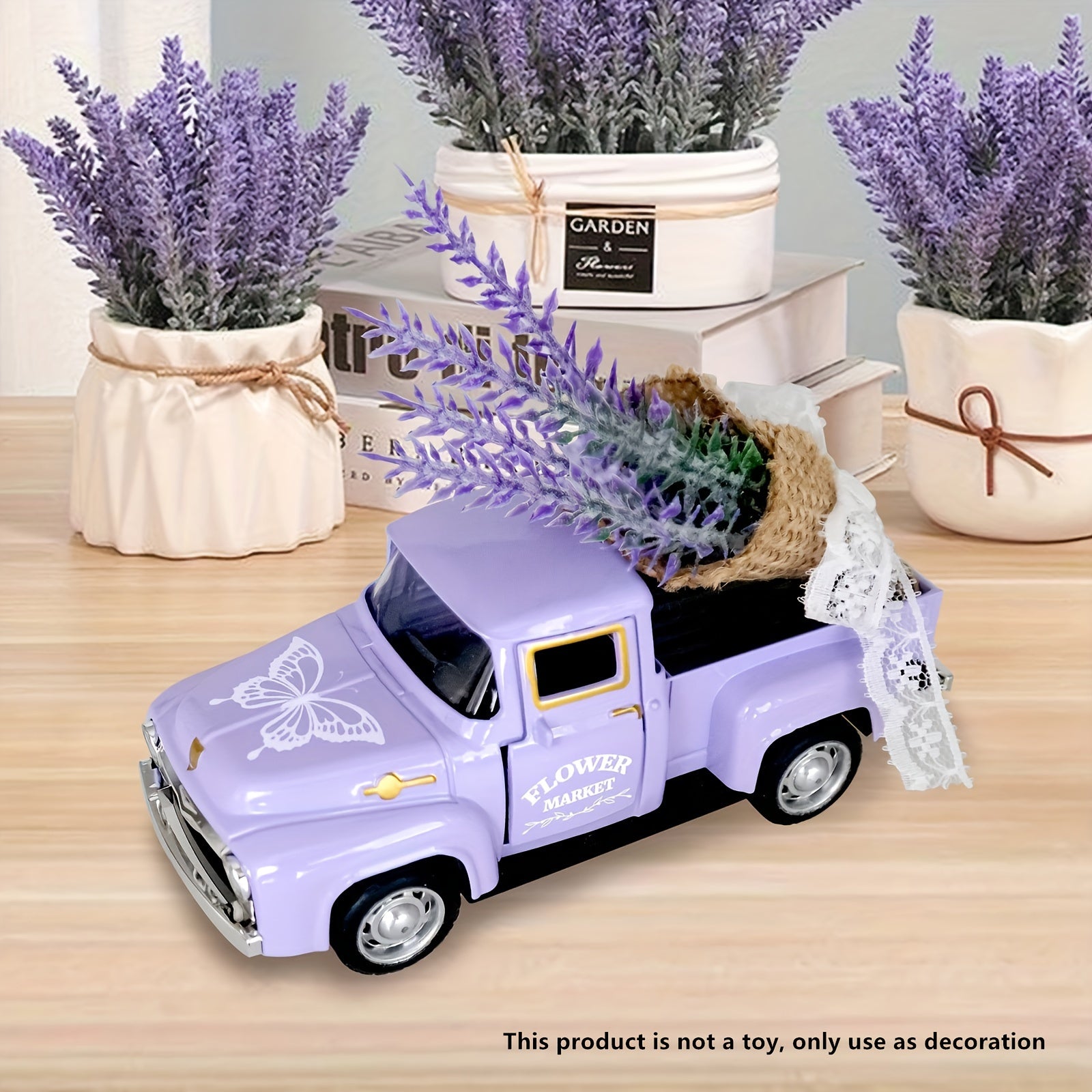 Vintage Metal Pickup Truck Decor with Lavender Accents for Home or Holiday Use
