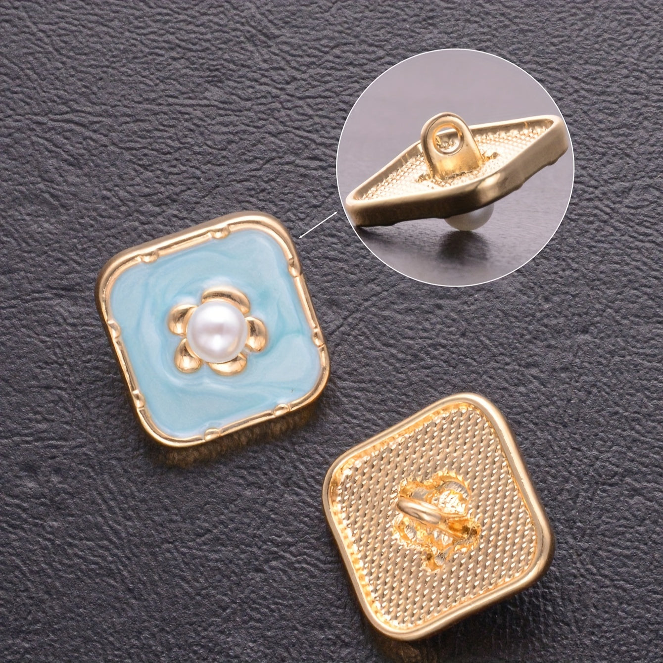 Set of 10 Square Alloy Buttons with Pearls and Flowers for Sewing Crafts and Clothing Accessories