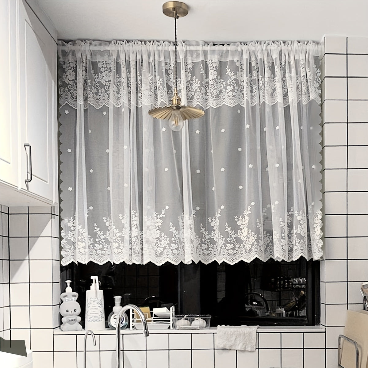 White Floral Lace Curtain with Rod Pocket for Living Room Bedroom Kitchen