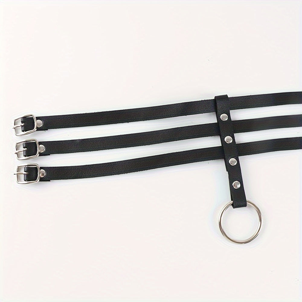 Women's Leather Punk Choker Necklace with Three Straps