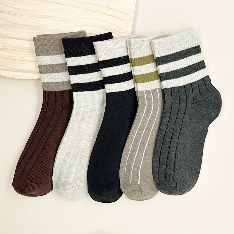 Women’s 5 Pairs Striped Mid-Calf Socks Polyester Spandex Fall Winter