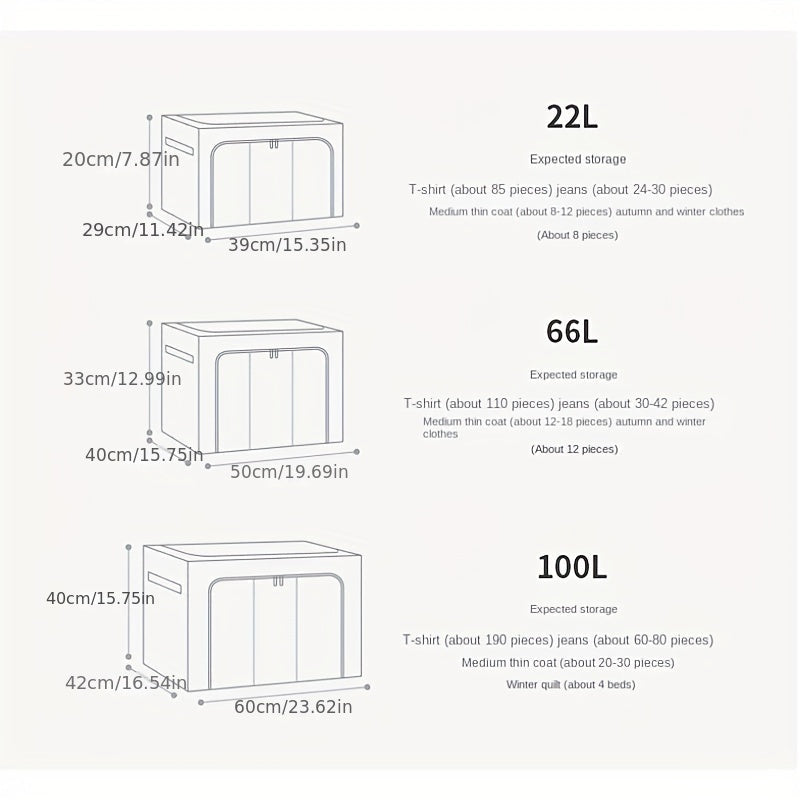 Koʻchiriladigan saqlash qutisi, shaffof poʻlat ramkali, shkafni tartibga solish uchun, katta sigʻimli kiyimlar saqlash