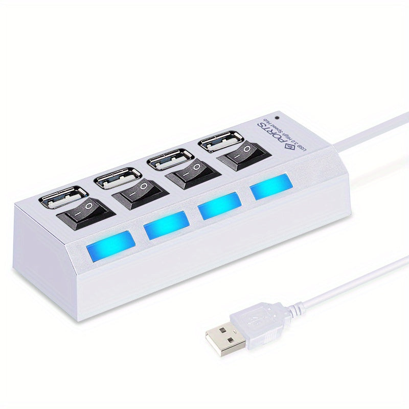 Concentrador USB 2.0 de 4 puertos con interruptores de encendido/apagado para conectividad con múltiples dispositivos