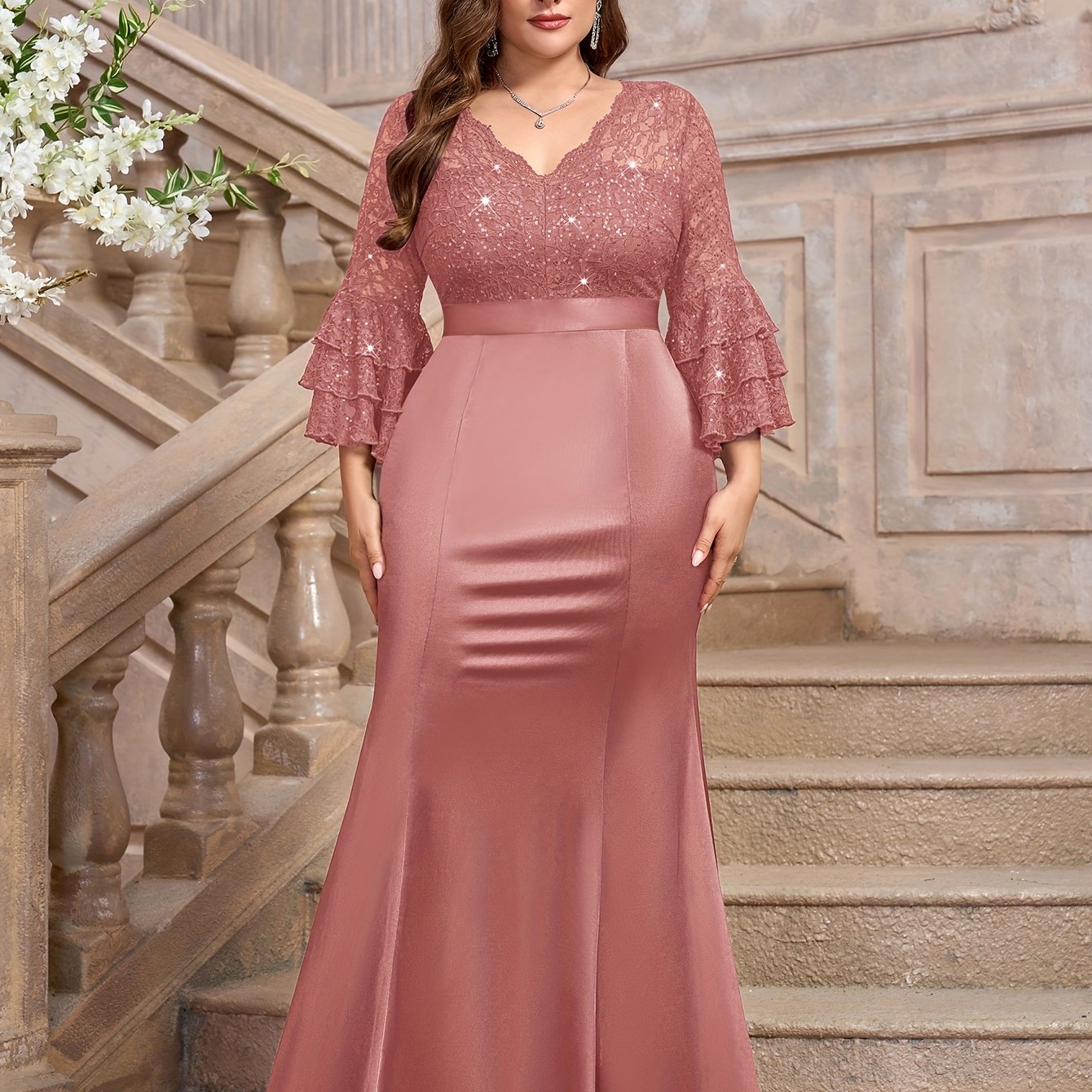 Plus Size V-Neck Sequin Lace Mermaid Dress for Weddings and Parties Navy Blue