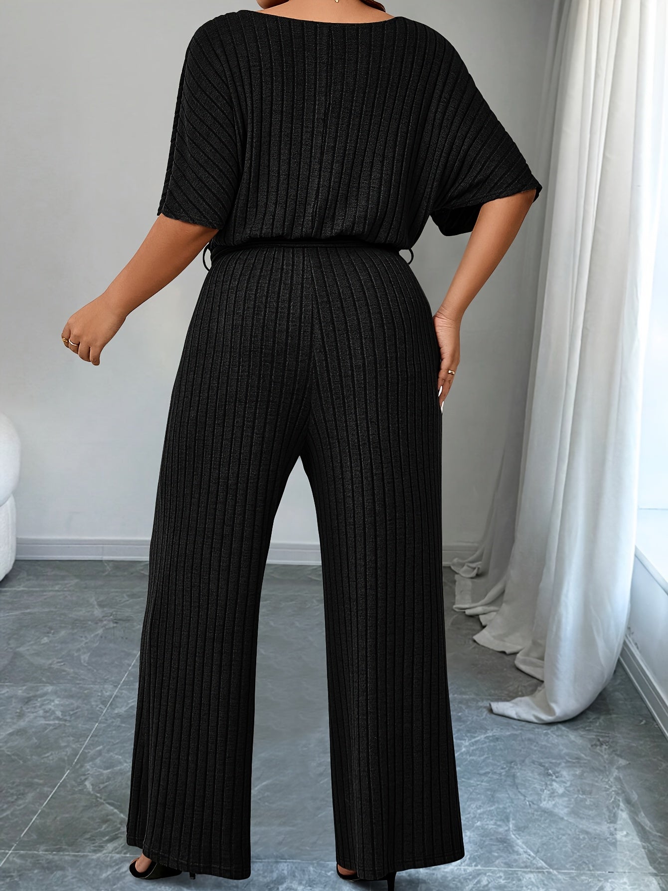 Plus Size Ribbed Wide Leg Jumpsuit Casual Belted Short Sleeve V Neck