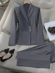 Women's Gray Office Suit Set Double-Breasted Blazer Slim-Fit Pants Polyester Spandex