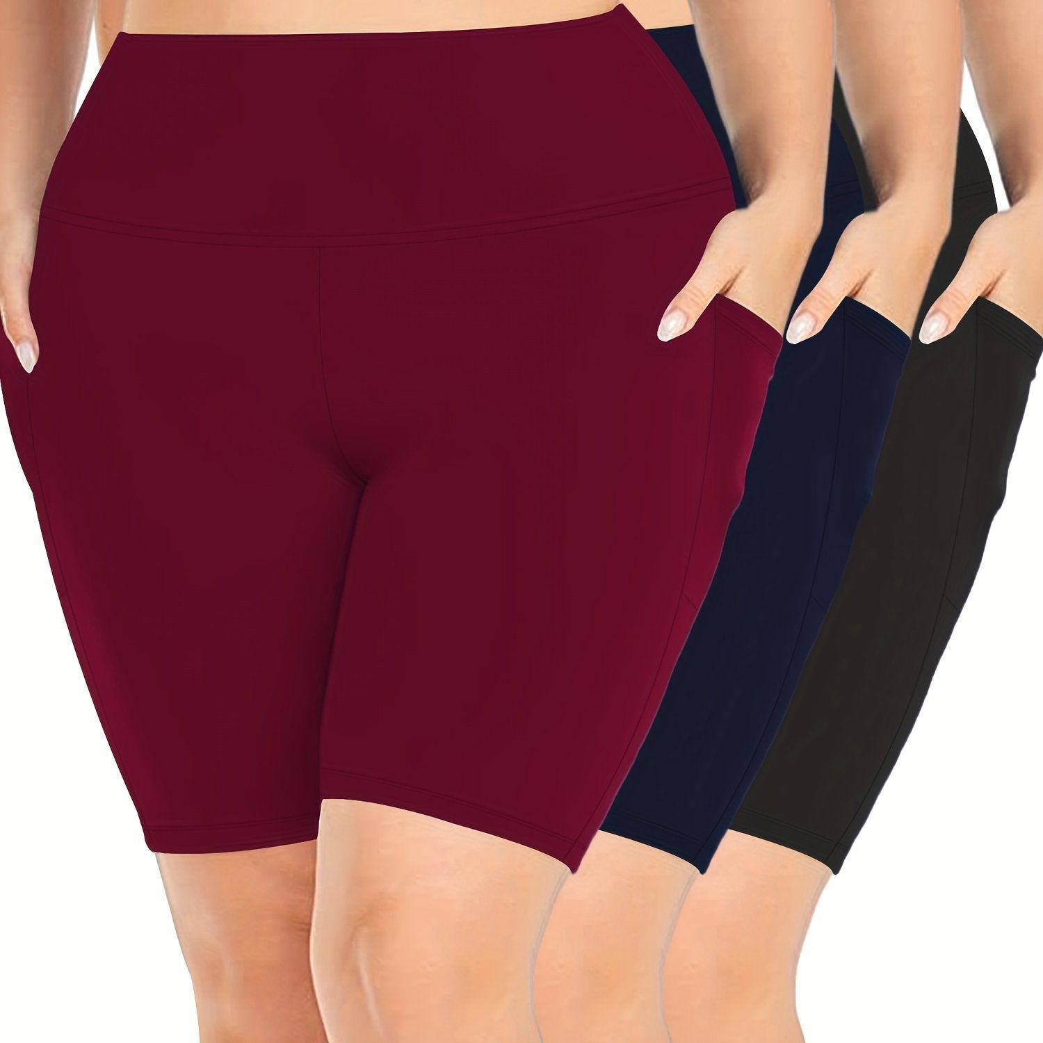 Plus Size Women's High-Waisted Leggings 3-Pack with Side Pockets