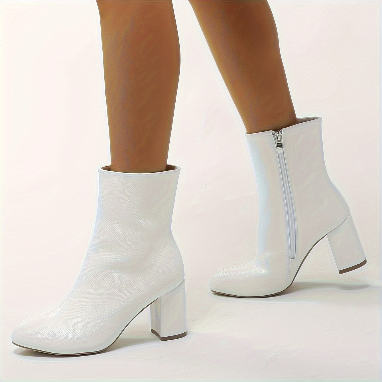 Women's Winter Boots Leather Chunky Heel Side Zipper Plush Lining