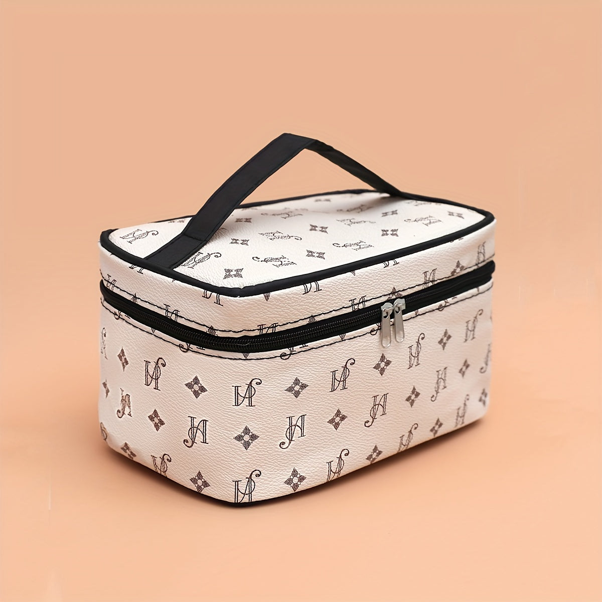 Minimalist Beige Synthetic Leather Makeup Bag with Black Handles and Zippers