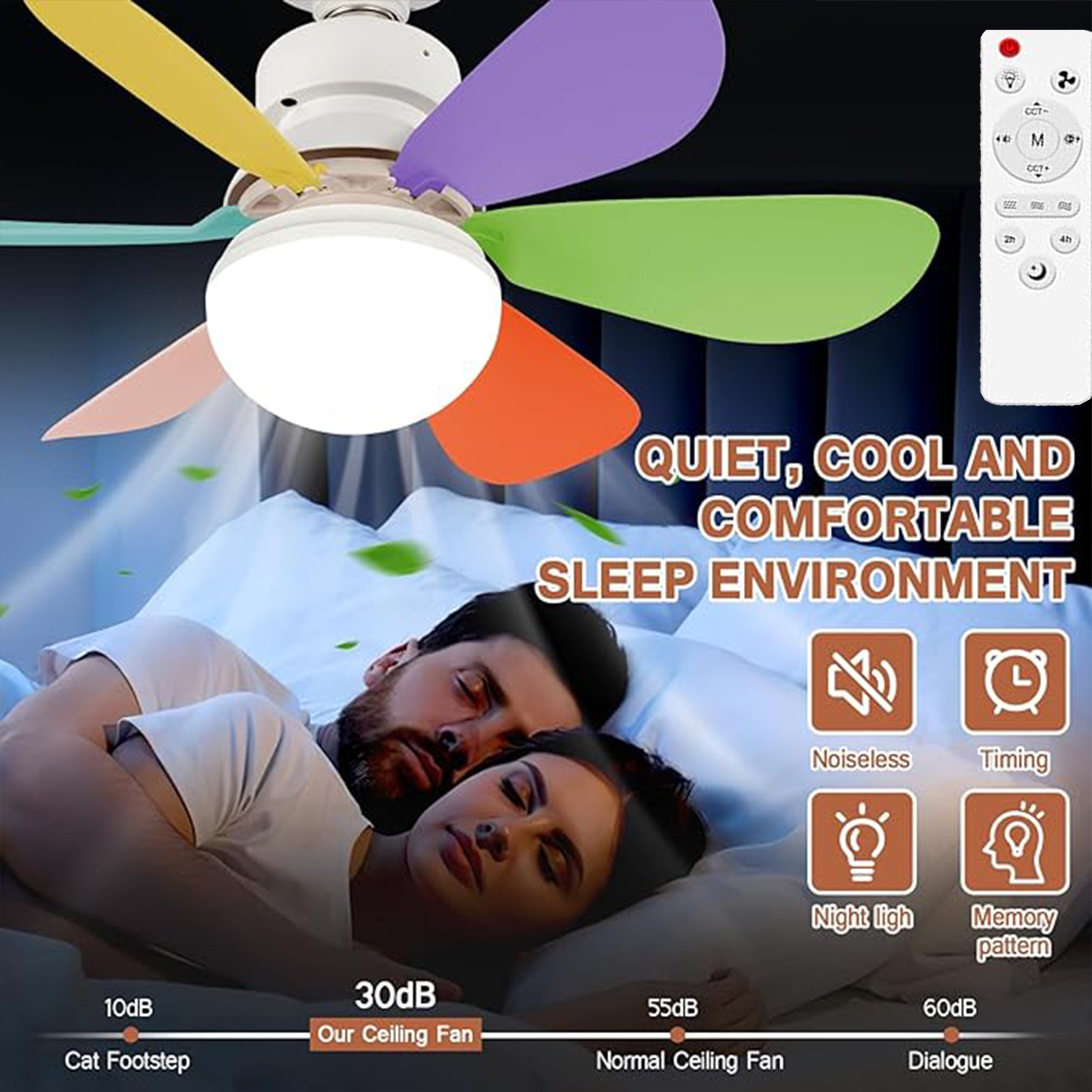 Ceiling Fan with Light 41.91cm 52.07cm 3-Speed 3-Color Dimmable E26/E27 Remote