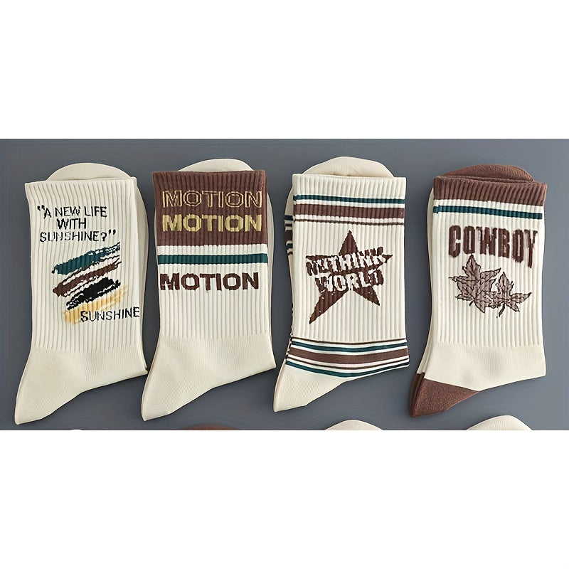 Men's Vintage American Style Cotton Blend Knit Socks 5-Pack with Letter Pattern