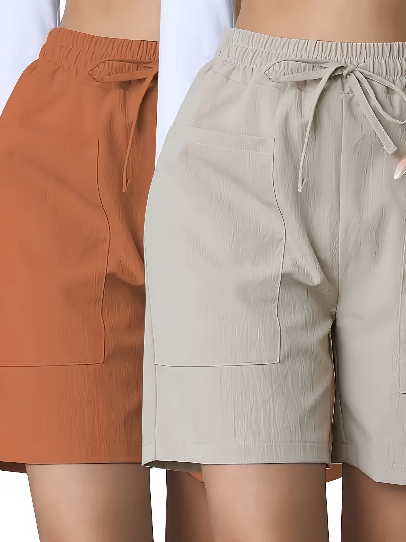 Pantalones cortos casuales de algodón de color sólido con cordón y bolsillos para mujer 2 piezas