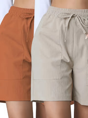 Women Cotton Casual Solid Color Drawstring Shorts with Pockets 2pcs
